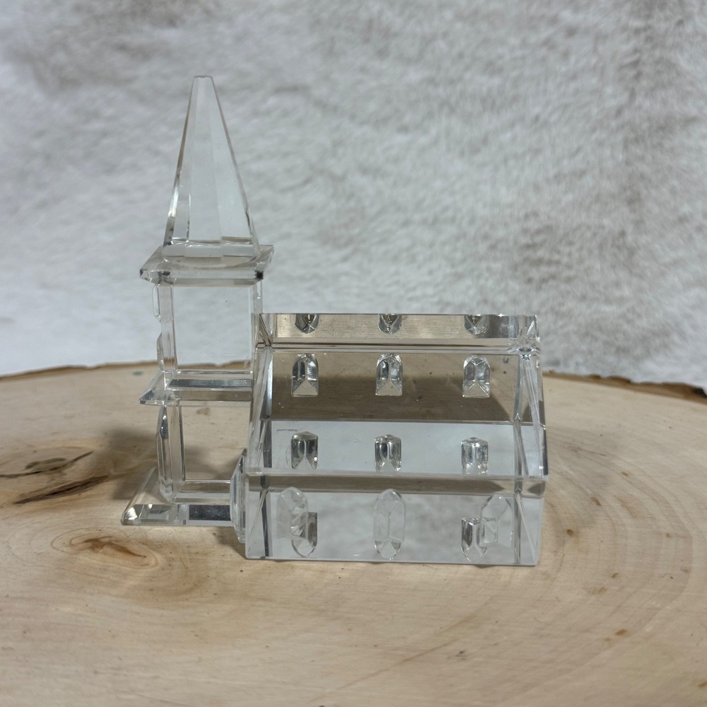 Clear Crystal Church Figurine Faceted Glass Chapel with Steeple and Etched Cross